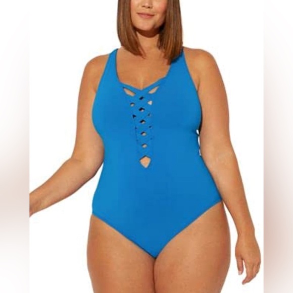 Bleu Rod Beattie Plus Basket Weave Strappy V-Neck One-Piece Swimsuit (18W) - Picture 1 of 5